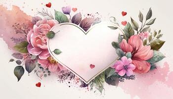 valentines day with pink watercolor love heart Beautiful floral. photo