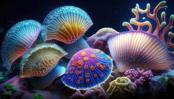 An underwater world with colorful scallops, starfish and conch shells. photo