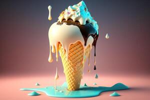 Melting ice cream cone. photo