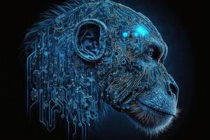 Neural network of a Chimpanzee brain with big data and artificial intelligence circuit board in the head of a blue canine, outlining concepts of a digital brain, computer. photo
