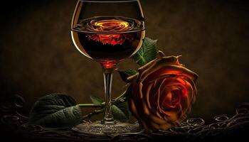 Glass of wine with rose for romantic atmosphere. photo