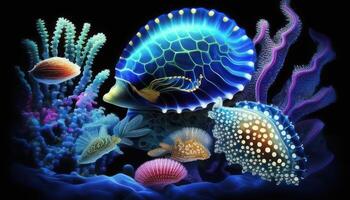 An underwater world with colorful scallops, starfish and conch shells. photo