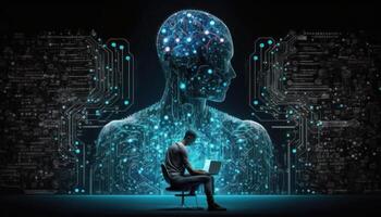 Male technician sitting facing a virtual environment with big data and an artificial intelligence circuit board outlining concepts of a digital brain. photo