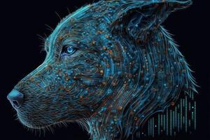 Neural network of a dog brain with big data and artificial intelligence circuit board in the head of a blue canine, outlining concepts of a digital brain, computer. photo