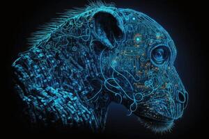 Neural network of a Chimpanzee brain with big data and artificial intelligence circuit board in the head of a blue canine, outlining concepts of a digital brain, computer. photo