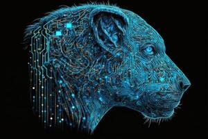Neural network of a Chimpanzee brain with big data and artificial intelligence circuit board in the head of a blue canine, outlining concepts of a digital brain, computer. photo