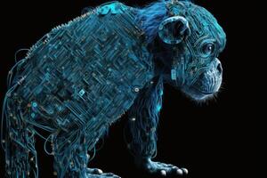 neural red de un chimpancé cerebro con grande datos y artificial inteligencia circuito tablero en el cabeza de un azul canino, delineando conceptos de un digital cerebro, computadora. ai generado foto
