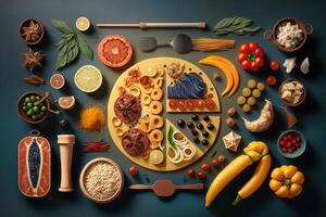 Top view of various foods as culinary concept background. photo