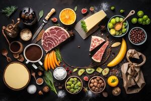 Top view of various foods as culinary concept background. photo