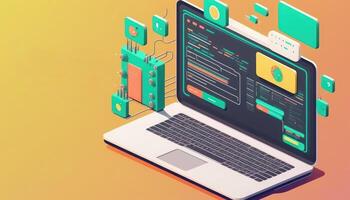 software desarrollo para diferente dispositivos. solicitud prueba y eso Servicio concepto. proceso de mejoramiento, depuración programa o código para ordenador portátil. bandera, programa código en pantalla dispositivo. ai generado foto