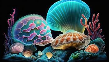 An underwater world with colorful scallops, starfish and conch shells. photo