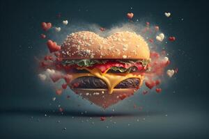 hamburguesa en corazón forma con pequeño corazones explotando ai generado foto