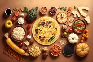 Top view of various foods as culinary concept background. photo