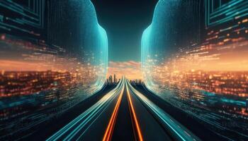 abstract highway path through digital binary towers in city. Concept of big data, machine learning, artificial intelligence, hyper loop, virtual reality, high speed network. photo