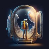 illustration of interdimensional astronaut traveler with backpack and baggage photo