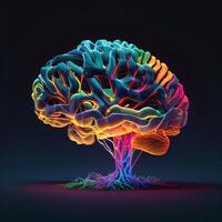 Futuristic creative brain with neon colorful light and roots. Generative AI illustration photo