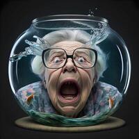 Screaming grandmother locked in a small fish tank. photo