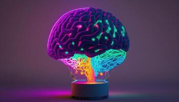 illustration collage with brain lamp bulb with neon lights. Idea and creativity concept photo