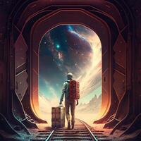 illustration of interdimensional traveler with backpack and baggage photo
