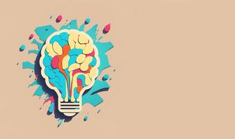 illustration collage with brain lamp bulb on color flat style. Idea and creativity concept. Copy space photo