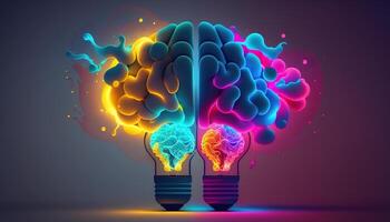 illustration collage with brain lamp bulb with neon lights. Idea and creativity concept photo
