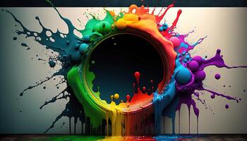 generativo ai ilustración de multicolor líquido tinta cromático circulo en pared foto