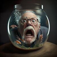 gritando abuelo bloqueado en un pequeño pescado tanque. ai generativo foto