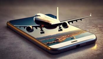 Airplane coming out from smart phone screen. illustration photo