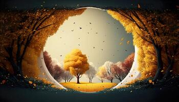 illustration of colorful autumn trees with round shaped frame photo