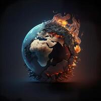 Generative AI illustration of fire flames burning Earth after global warming against black background photo