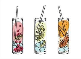 Cold lemonade doodle illustration set. Sketch of a glass of lemonade with ice and fruits. vector