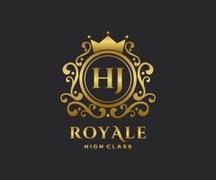 Golden Letter HJ template logo Luxury gold letter with crown. Monogram alphabet . Beautiful royal initials letter. vector