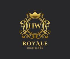 Golden Letter HW template logo Luxury gold letter with crown. Monogram alphabet . Beautiful royal initials letter. vector