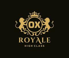 Golden Letter OX template logo Luxury gold letter with crown. Monogram alphabet . Beautiful royal initials letter. vector