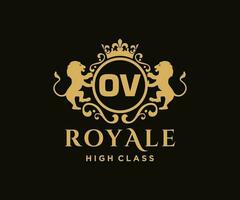 Golden Letter OV template logo Luxury gold letter with crown. Monogram alphabet . Beautiful royal initials letter. vector