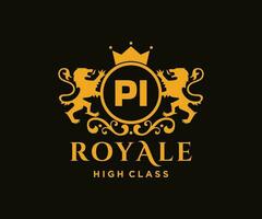 Golden Letter PI template logo Luxury gold letter with crown. Monogram alphabet . Beautiful royal initials letter. vector