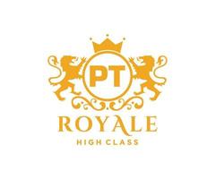 Golden Letter PT template logo Luxury gold letter with crown. Monogram alphabet . Beautiful royal initials letter. vector