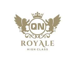 Golden Letter QN template logo Luxury gold letter with crown. Monogram alphabet . Beautiful royal initials letter. vector