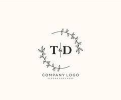 initial TD letters Beautiful floral feminine editable premade monoline logo suitable for spa salon skin hair beauty boutique and cosmetic company. vector