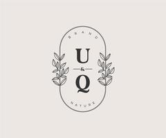 initial UQ letters Beautiful floral feminine editable premade monoline logo suitable for spa salon skin hair beauty boutique and cosmetic company. vector