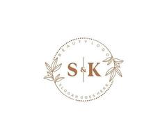 initial SK letters Beautiful floral feminine editable premade monoline logo suitable for spa salon skin hair beauty boutique and cosmetic company. vector