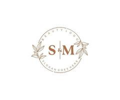 initial SM letters Beautiful floral feminine editable premade monoline logo suitable for spa salon skin hair beauty boutique and cosmetic company. vector