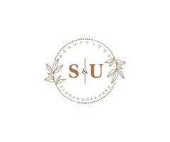 initial SU letters Beautiful floral feminine editable premade monoline logo suitable for spa salon skin hair beauty boutique and cosmetic company. vector