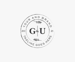 initial GU letters floral frames. Botanical feminine editable premade monoline unique decoration for greeting card, wedding invitation. vector
