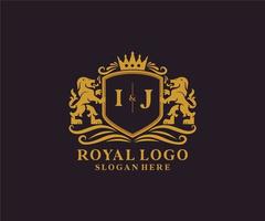 Initial IJ Letter Lion Royal Luxury Logo template in vector art for Restaurant, Royalty, Boutique, Cafe, Hotel, Heraldic, Jewelry, Fashion and other vector illustration.