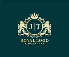 Initial JT Letter Lion Royal Luxury Logo template in vector art for Restaurant, Royalty, Boutique, Cafe, Hotel, Heraldic, Jewelry, Fashion and other vector illustration.