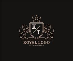 Initial KT Letter Lion Royal Luxury Logo template in vector art for Restaurant, Royalty, Boutique, Cafe, Hotel, Heraldic, Jewelry, Fashion and other vector illustration.