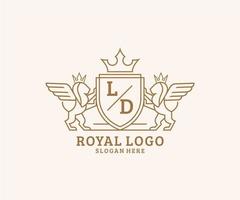 Initial LD Letter Lion Royal Luxury Heraldic,Crest Logo template in vector art for Restaurant, Royalty, Boutique, Cafe, Hotel, Heraldic, Jewelry, Fashion and other vector illustration.