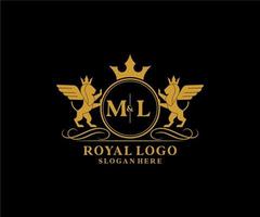 Initial ML Letter Lion Royal Luxury Heraldic,Crest Logo template in vector art for Restaurant, Royalty, Boutique, Cafe, Hotel, Heraldic, Jewelry, Fashion and other vector illustration.