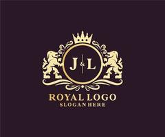 Initial JL Letter Lion Royal Luxury Logo template in vector art for Restaurant, Royalty, Boutique, Cafe, Hotel, Heraldic, Jewelry, Fashion and other vector illustration.